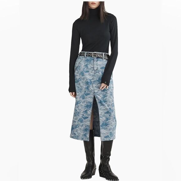 RAG & BONE Skirt Denim NWT Midi SId Jacquard Blue Size 24 XS - Picture 13 of 13